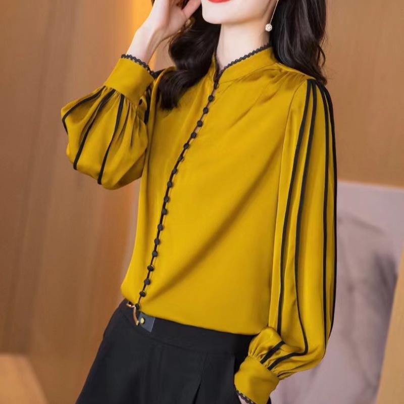 Elegant Fashion Casual Solid Satin Button Shirt Autumn  Stand Collar Long Shirt Sleeve Loose Pullovers Tops Women's Clothing