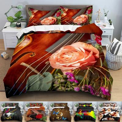 Bettwäscheset mit Musikmotiv, Rosenvioline, bedruckt, Bettbezug-Set für Zwillinge, King-Size-Betten, Queen-Size-Betten, Bettbezüge mit Kissenbezug, Heimtextilien
