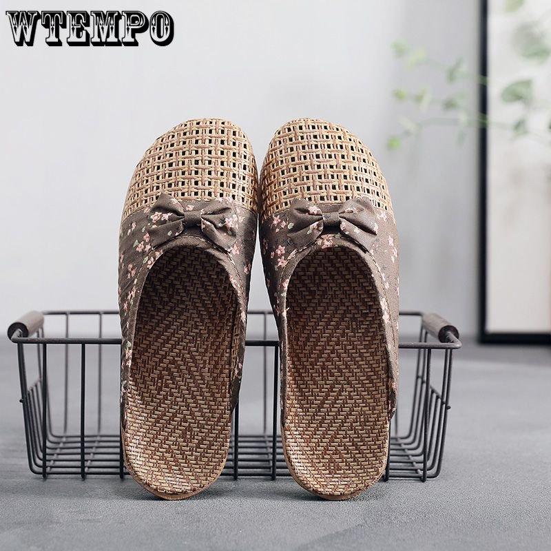 Linen Slides Women's Outer Wear Shoes Summer Thick Bottom Sandals Indoor Home Soft Bottom Non-slip Grass Rattan Slipper Outdoor Beach Flip-flops