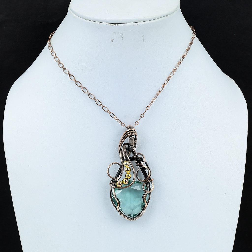 Aquamarine Gemstone Handmade Pure Copper Wire Wrap Jewelry Pendant For Thanksgiving
