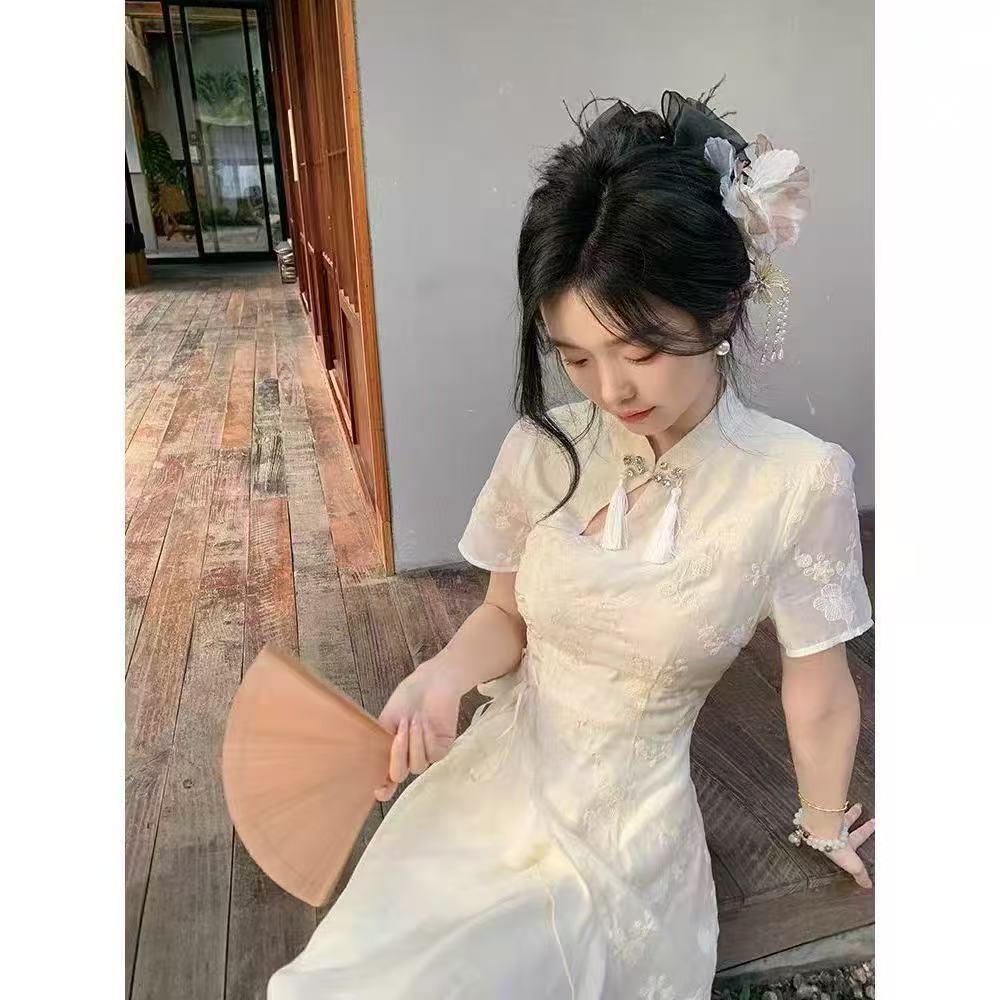 Elegant Summer Qipao with Irregular Ruffle - Sweet, Slimming, Long Dress