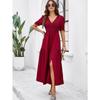 Summer Women's Dress Temperament Solid Color V-neck Short-sleeved Long Dress