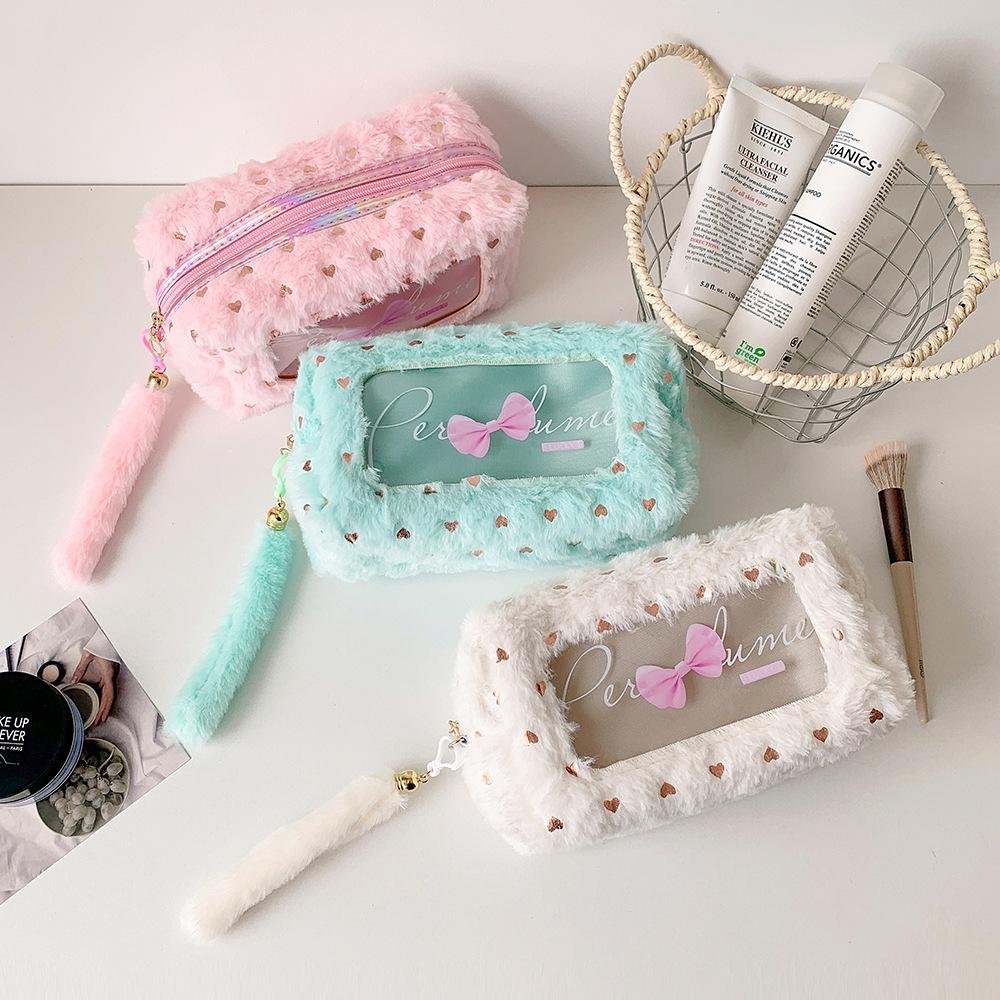 Student Bow Pencil Case Candy Color Transparent Stationery Pouch Makeup Bag Women Travel Wash Bag Plush Cosmetic Organizer Bags