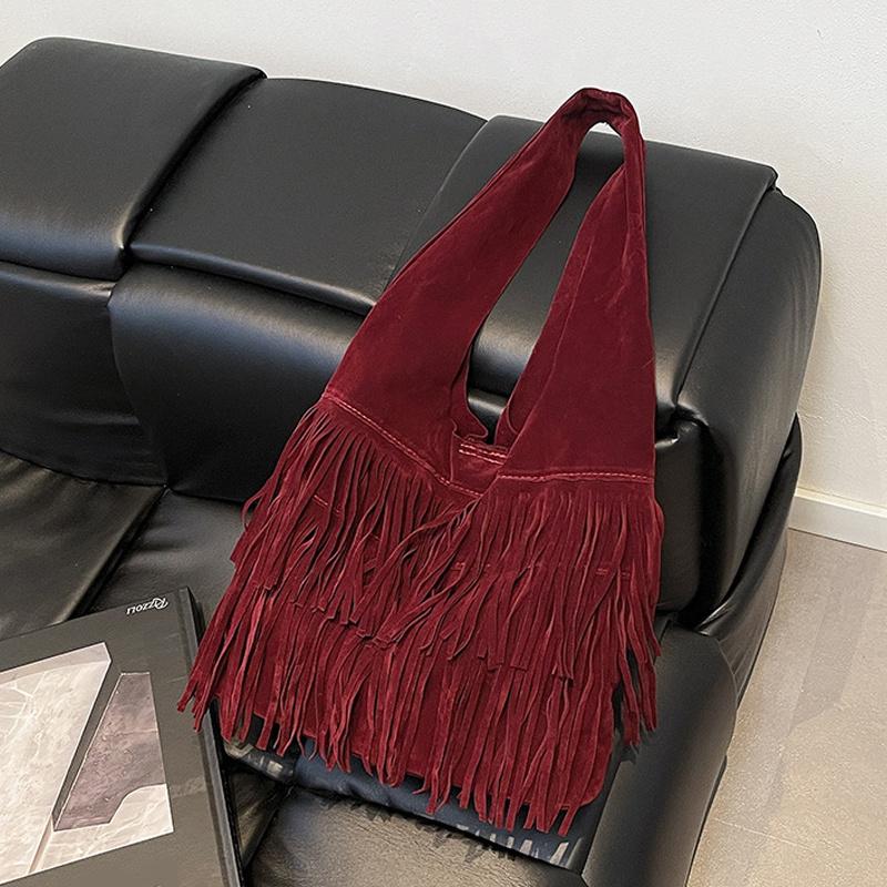 

Faux Suede Shoulder Bag for Women Frosted Fringe Travel Tote Handbag Satchel Purse Clutch Retro Handbags Vintage Commuter Bag червоний