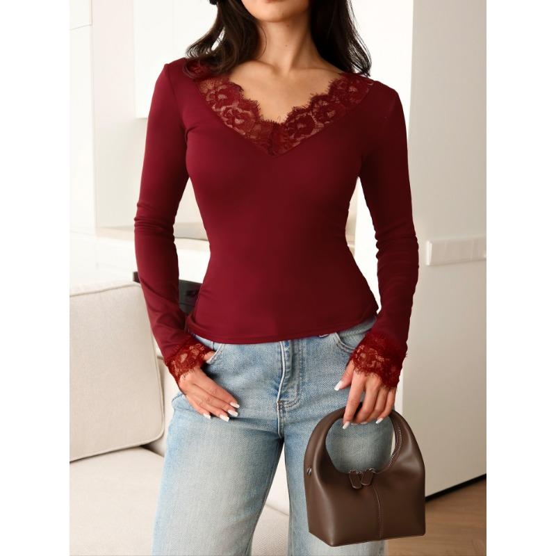 Frühling Herbst Langarm V-Ausschnitt Spitze Patchwork Damen Bluse Mode Slim Fit Hemden Damen Lässige Büro Oberteile Einfarbig Elegante Kleidung