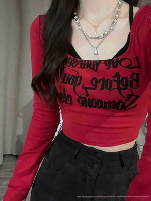 Sexy Slim-Fit Red U-Neck Two-in-One Long-Sleeve T-Shirt with Chest Pads