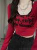 Sexy Slim-Fit Red U-Neck Two-in-One Long-Sleeve T-Shirt with Chest Pads
