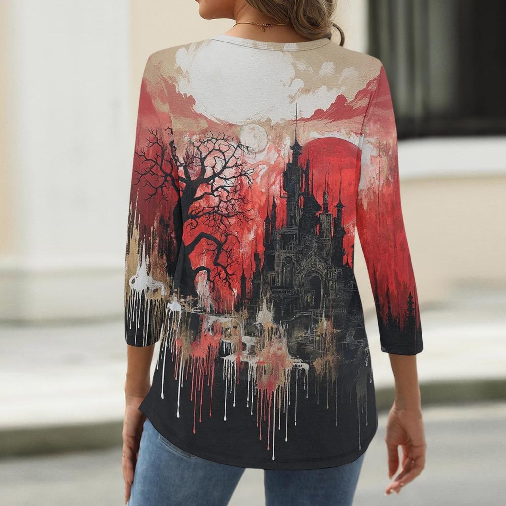 Womens Halloween Print V Neck Button Front Three Quarter Sleeve Casual T Shirt Top with Relaxed Fit and Lightweight Fabric for Seasonal Wear