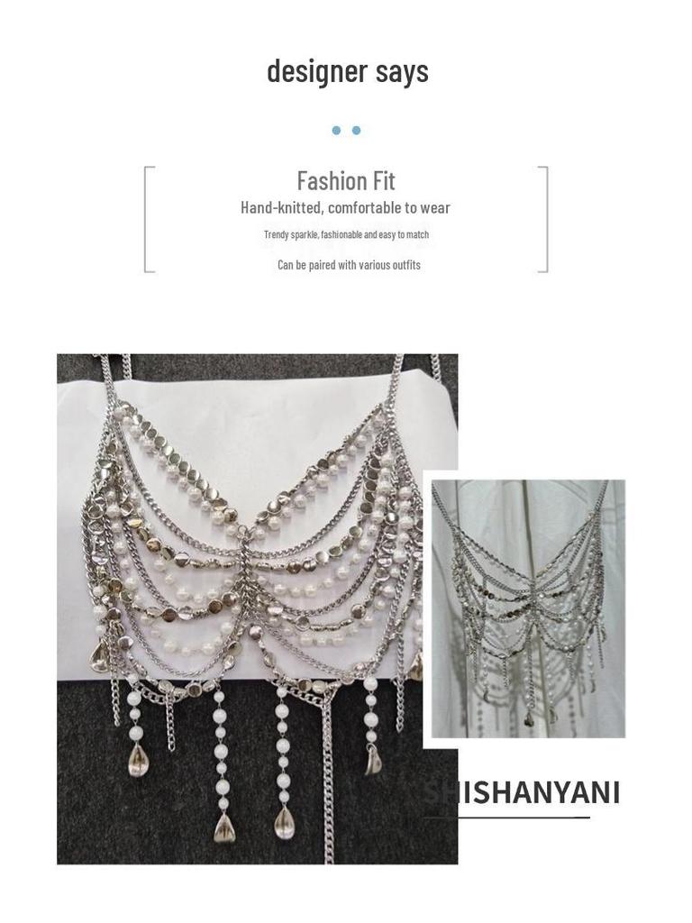 Rhinestone Tassel Body Chain Bikini Halter Bra - European & American Beachwear for Women
