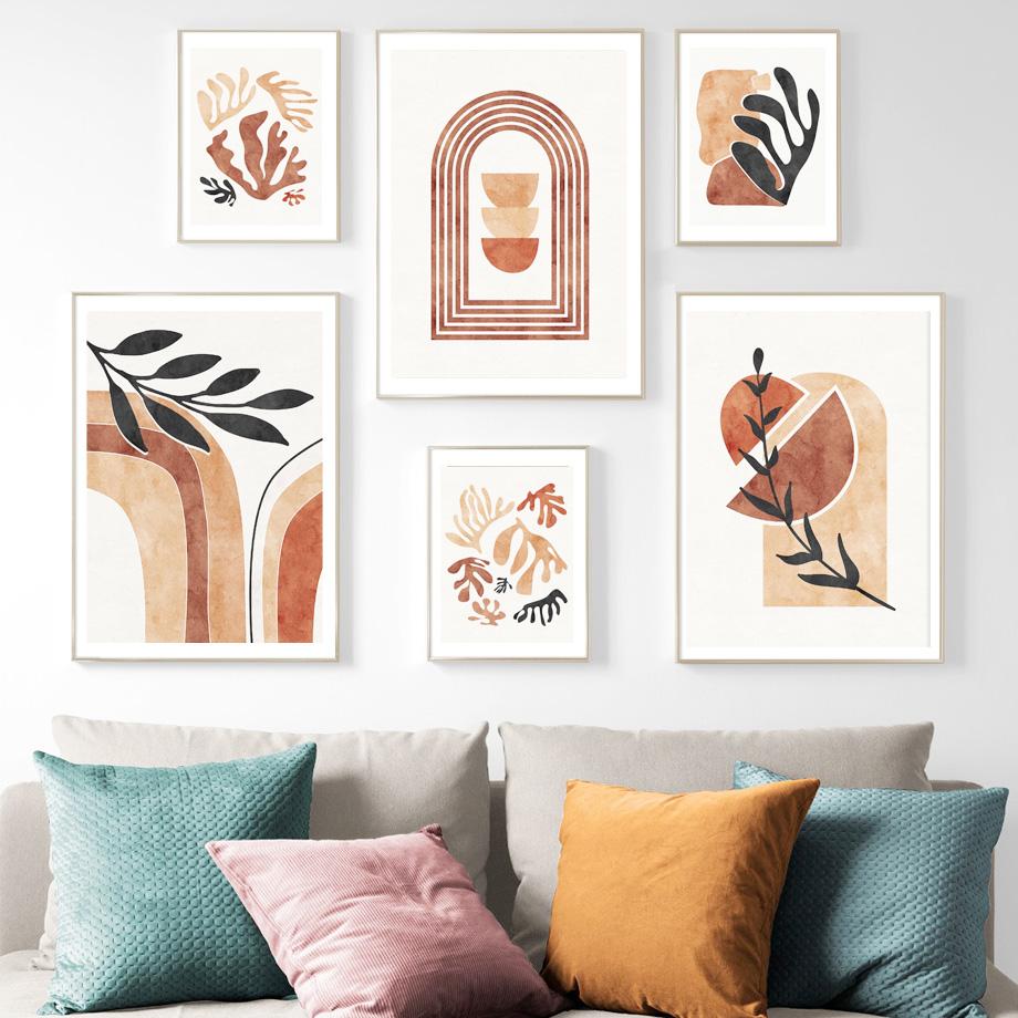 Boho Abstract Geometric Lines Coral Leaves Wall Art Canvas Painting Nordic Posters And Print Wall Pictures For Living Room Decor