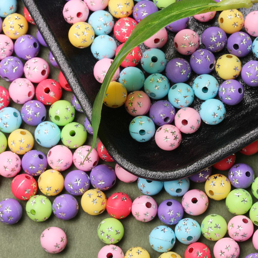 Creative Earrings Beaded Loose Beads 50pcs 7.5mm Acrylic Necklace Round Star-Patterned Accessories For DIY Jewelry Making Straight Hole Bracelet