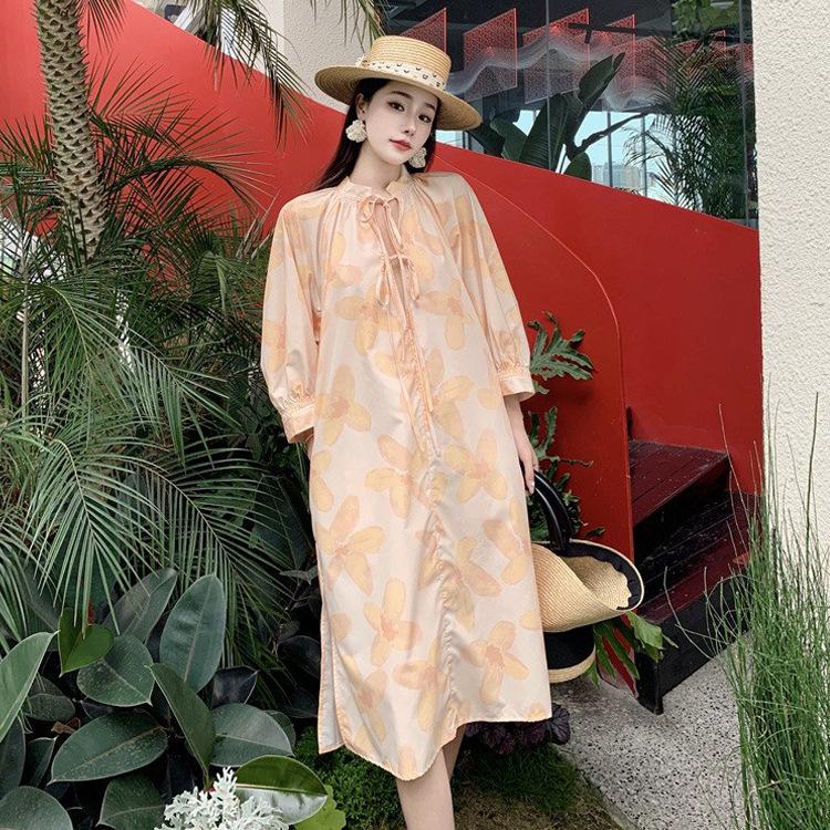 

Seven-quarter Sleeve Loose Word Skirt Slightly Fat and Thin Summer Gentle Stand-up Collar Floral Dress S