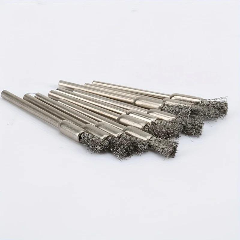 10 Stainless Steel Wire Brushes with A 3mm Handle - Ideal for Rotating Tools, Ideal for Cleaning, Rust Removal and Sanding