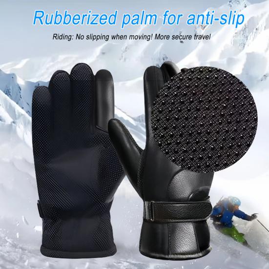 1 Pair Faux Leather Cycling Gloves Men Women Anti-slip Touchscreen Fleece Lined Gloves Winter Outdoor Cold Weather Warm