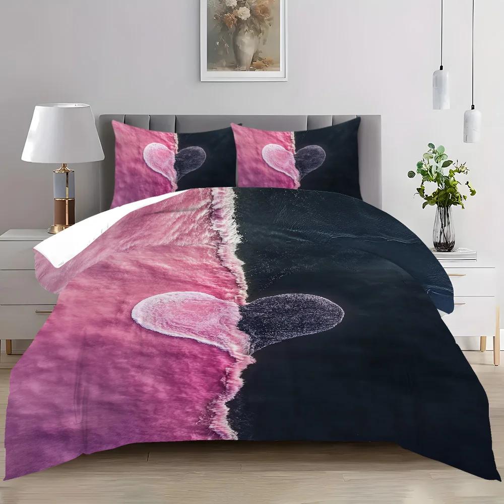 3-częściowy Nowoczesny Zestaw Pościeli z Nadrukiem Serca na Walentynki - Miękka Poliestrowa Poszwa na Kołdrę i Poszewki na Poduszki, Można Prać w Pralkce, na Łóżko Domowe