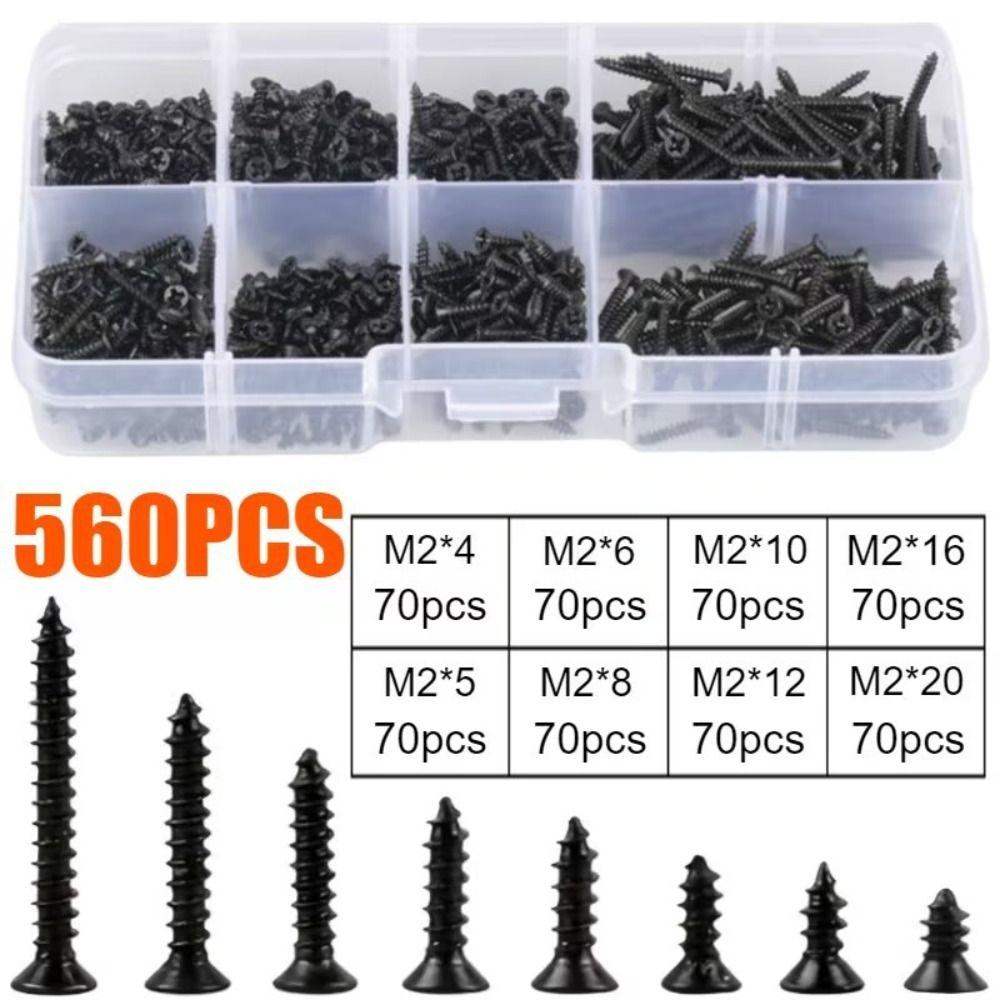 560Pcs Carbon Steel Self Tapping Screws Flat Head Phillips Drive Machine Screw Kit Fully Threaded Assorted Sizes