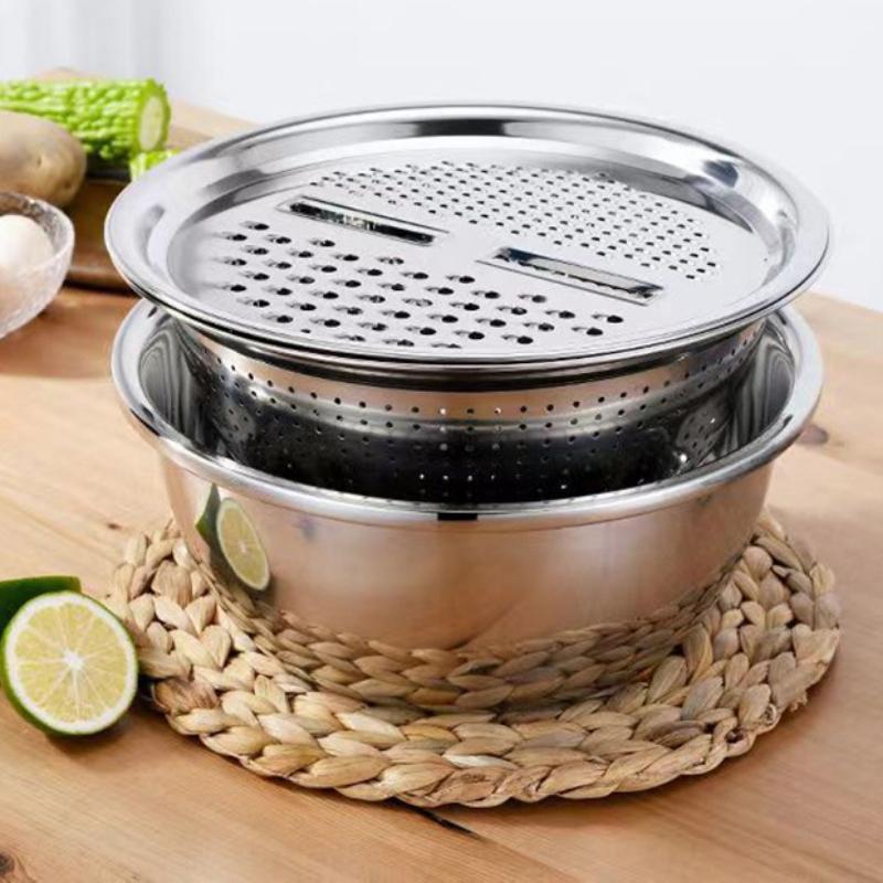 3Pcs Stainless Steel Vegetable Slicer Grater Tool Potato Shredder Mandoline Slicer Food Processor with Drain Basket Anti Cut Hand Guard Kitchen Gadget