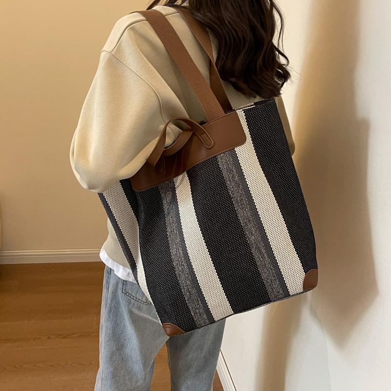 Canvas Bag Large Capacity Shoulder Bag for Female Striped Tote Bag