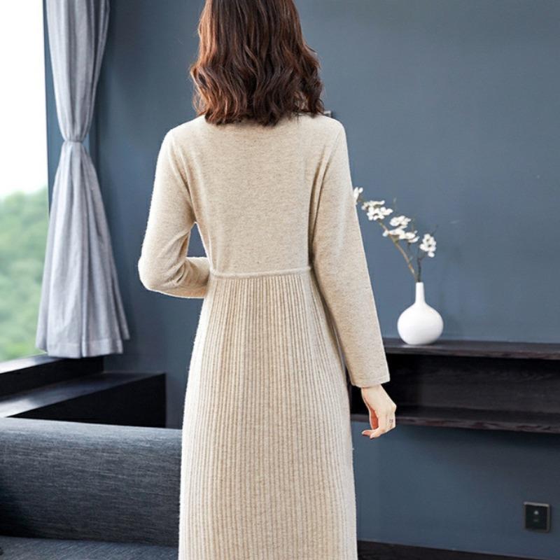 Knitted Dress for Women Autumn and Winter Waist Cinched Mid Length Sweater Dress Casual Base Over Knee Dress