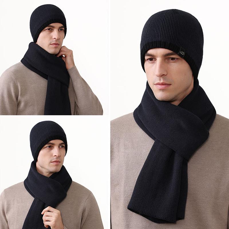 Men's Winter Warm Knitted Hat Long Scarf Two-Piece Set Velvet Thick Outdoor Windproof Ear Protection Cap