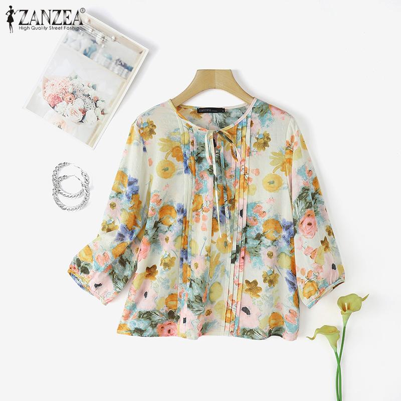 ZANZEA Women Casual Round Neck 3/4 Sleeve Loose Floral Print Blouse