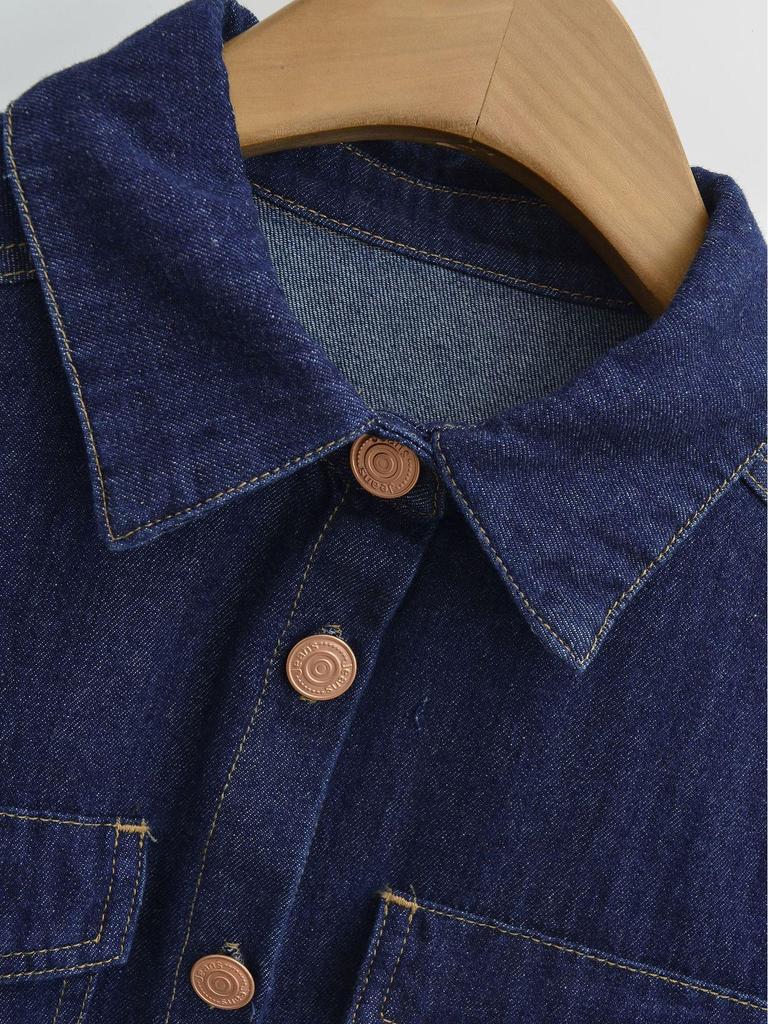 European Retro Dark Blue Denim Shirt for Women - Early Spring 2026 Fashion, Loose Fit with Lapel Collar.