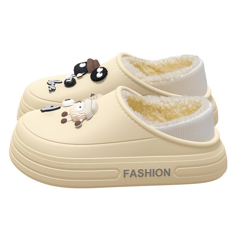 Women's Indoor Home Slippers: Thick-soled Warm Shoes with Fleece Bags and Waterproof Cotton Heels