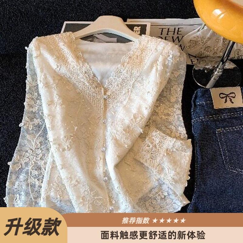 Lace V-Neck Pearl Breasted Shirt~ Spring Loose Temperament Top