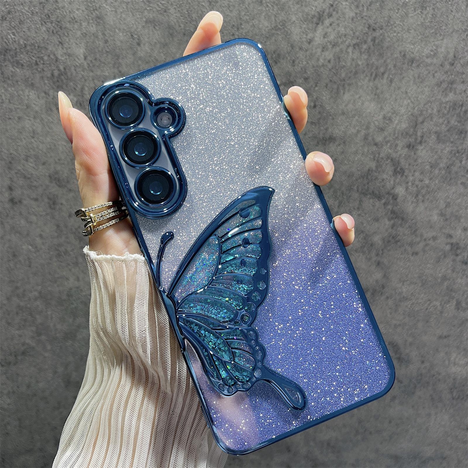 

For Samsung Galaxy S24+ Case Quicksand Butterfly TPU Phone Cover with Glass Lens Film Blue