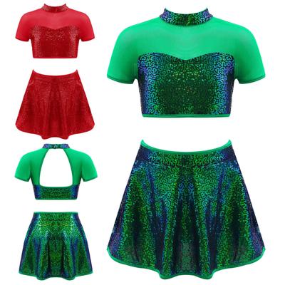 Vestito da ballo latino jazz con paillettes per bambina, 2 pezzi, top corto aperto sul retro con gonna da ballo contemporanea