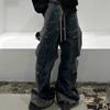 Spodnie jeansowe RO Style Gradient Ribbons Multi-pockets ze ściągaczem dla mężczyzn Harajuku Streetwear Baggy Y2K Denim Trousers Oversized Cargos