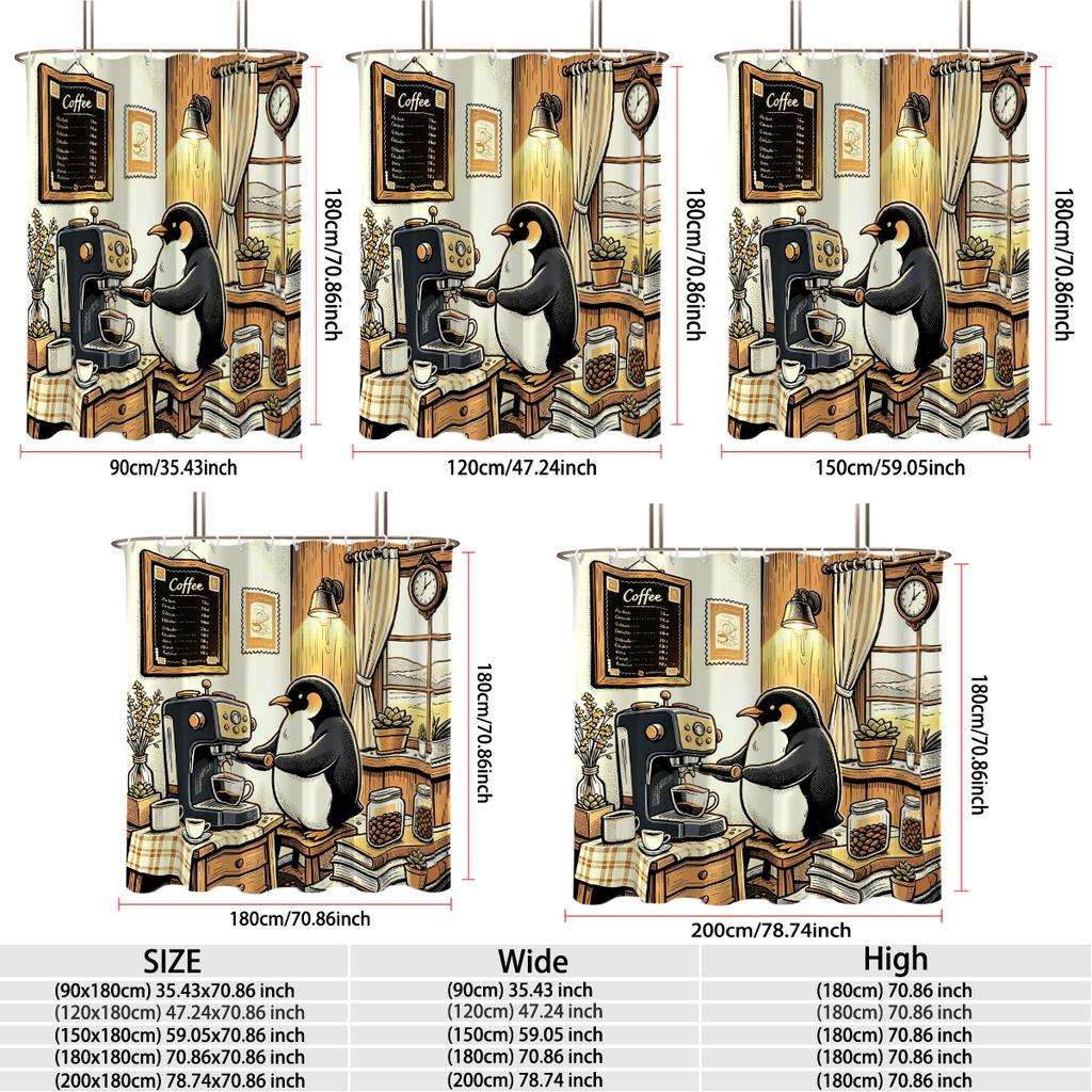 1pc Penguin Coffee Shop Illustrated Shower Curtain Privacy Protection Curtain Shower Curtain Living Room Bathroom Decoration