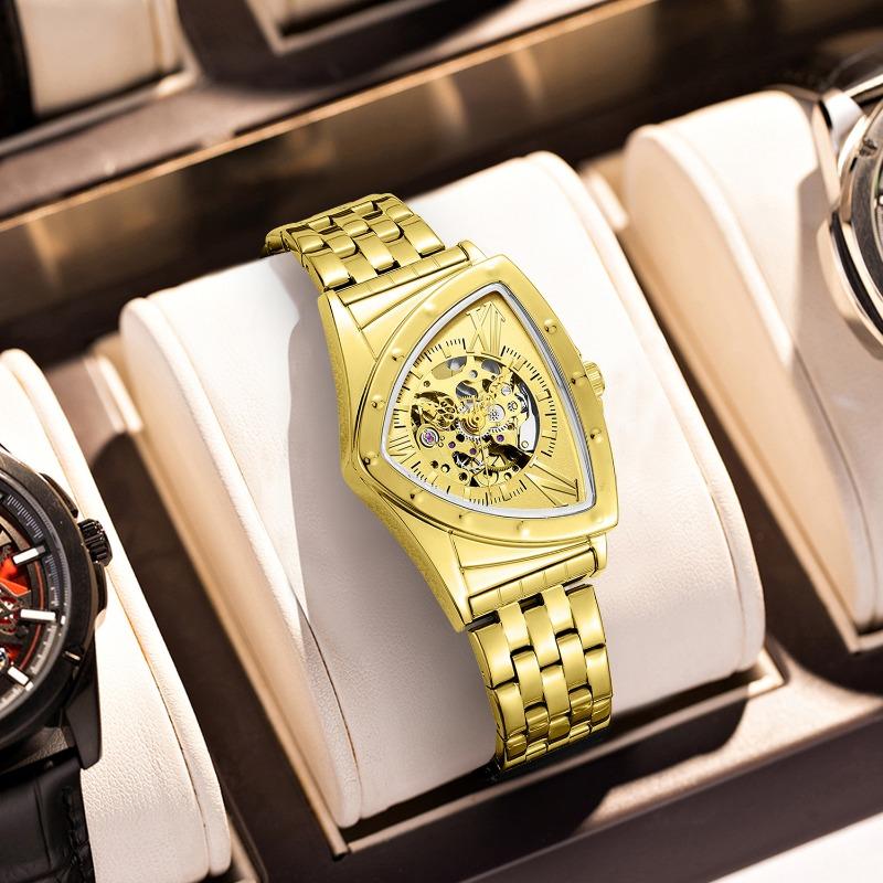 

Men s Fashion Hollow Triangle Self-winding Mechanical Watch Three-pin Steel Belt Mechanical Watch