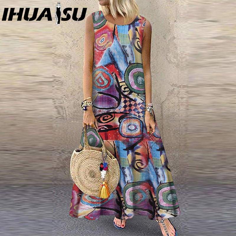 

IHUASU Стильное летнее свободное женское платье без рукавов с винтажным принтом XXXL