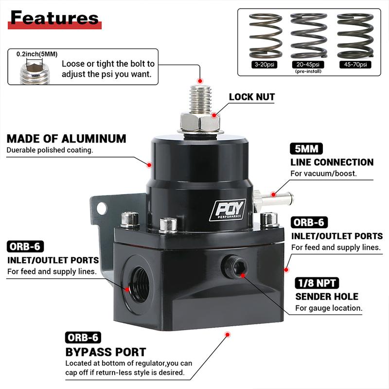 Adjustable Fuel Pressure Regulator Kit AN6 Feed & AN6 Return Line W/ 0-160PSI Gauge Set 3-20/ 20-45/ 45-70 Pressure Springs