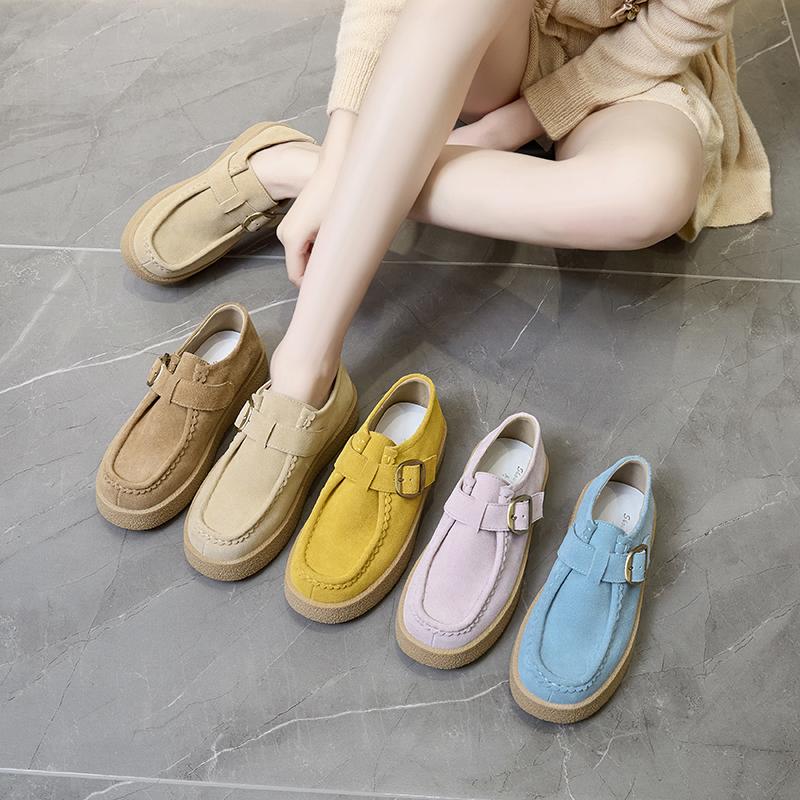 Fashion Women Loafer Shoes Genuine Leather 2025 Autumn New Suede Platform Kangaroo Shoes Women Wedges Belt Buckle Slip-on Shoes Women