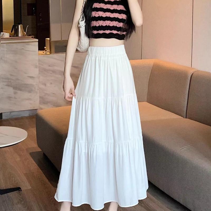 1PC High Waist Skirts Long Skirts A-line Skirts Polyester Chiffon White Elastic Women Vintage
