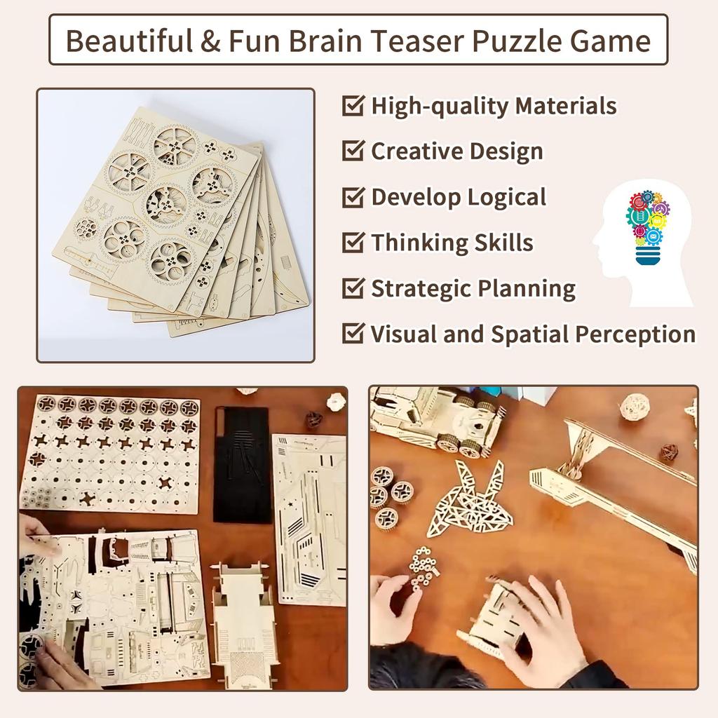 Hallisun 3D Wooden Puzzle Assembling 3D Puzzle Wine Rack Car Moving Mechanical Craft Handicraft DIY Mechanical Toy Hobby Christmas Day Vintage