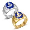 New Hip-Hop Jewelry Titanium Steel Gold-Plated Blue Resin Masonic AG Men's Ring