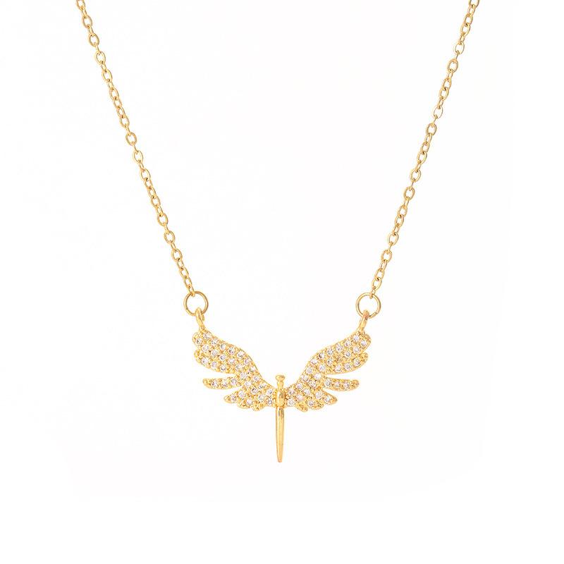 [Full Diamond Wing Sword Pendant Titanium Steel Necklace Trendy Versatile Fashion Jewelry for Women]