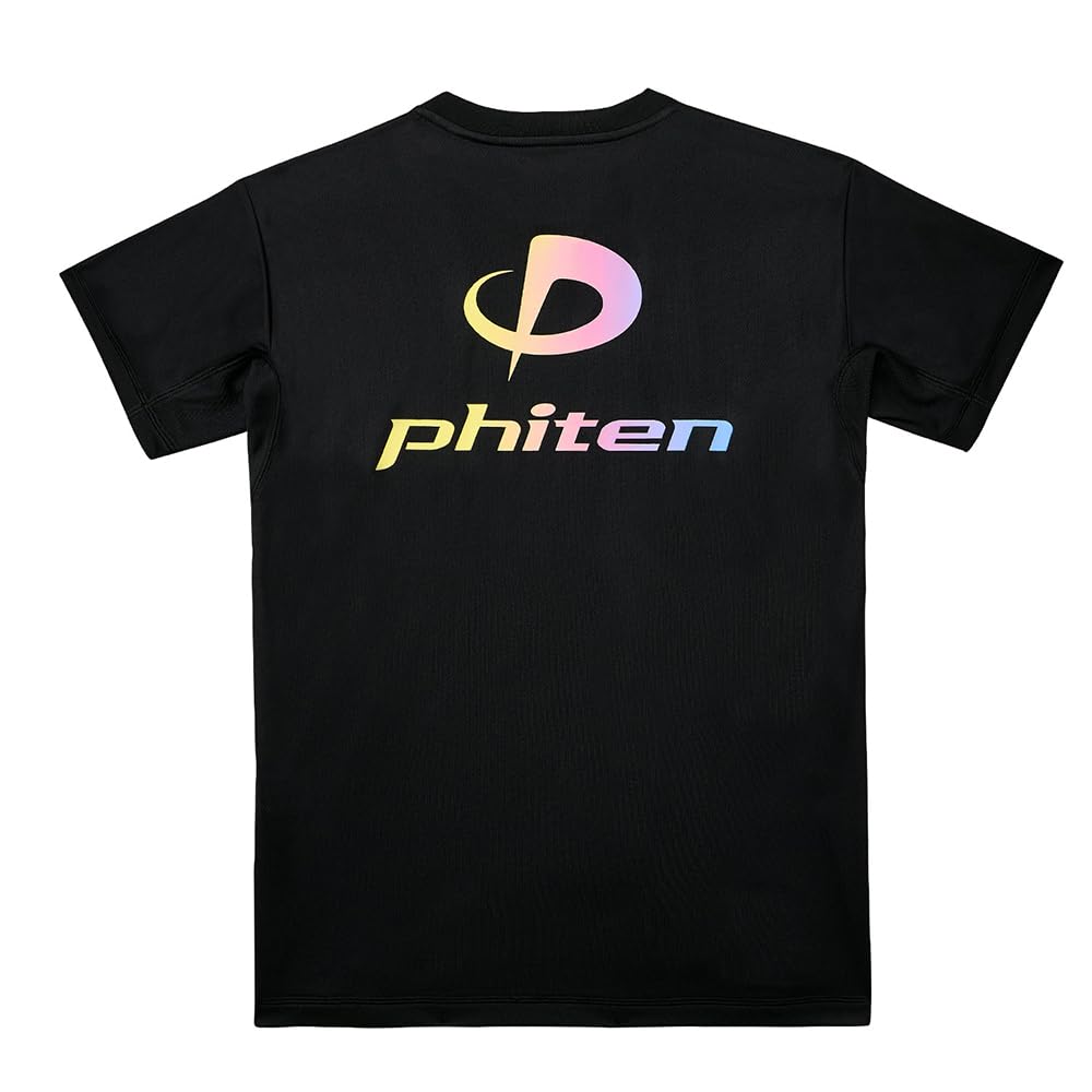 phiten RAKU Shirt, Short Sleeve, Black/Gradient (Yellow, Pink, Blue), Size O, Unisex, Sports, Club Activities, Logo, Exclusive Design