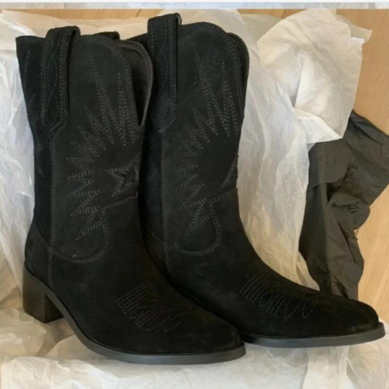 Women Boots Retro Suede Mid-calf Boots Classic Embroidery Western Booties Fashion Pointed Toe Cowboy Boots for Women Botas Mujer
