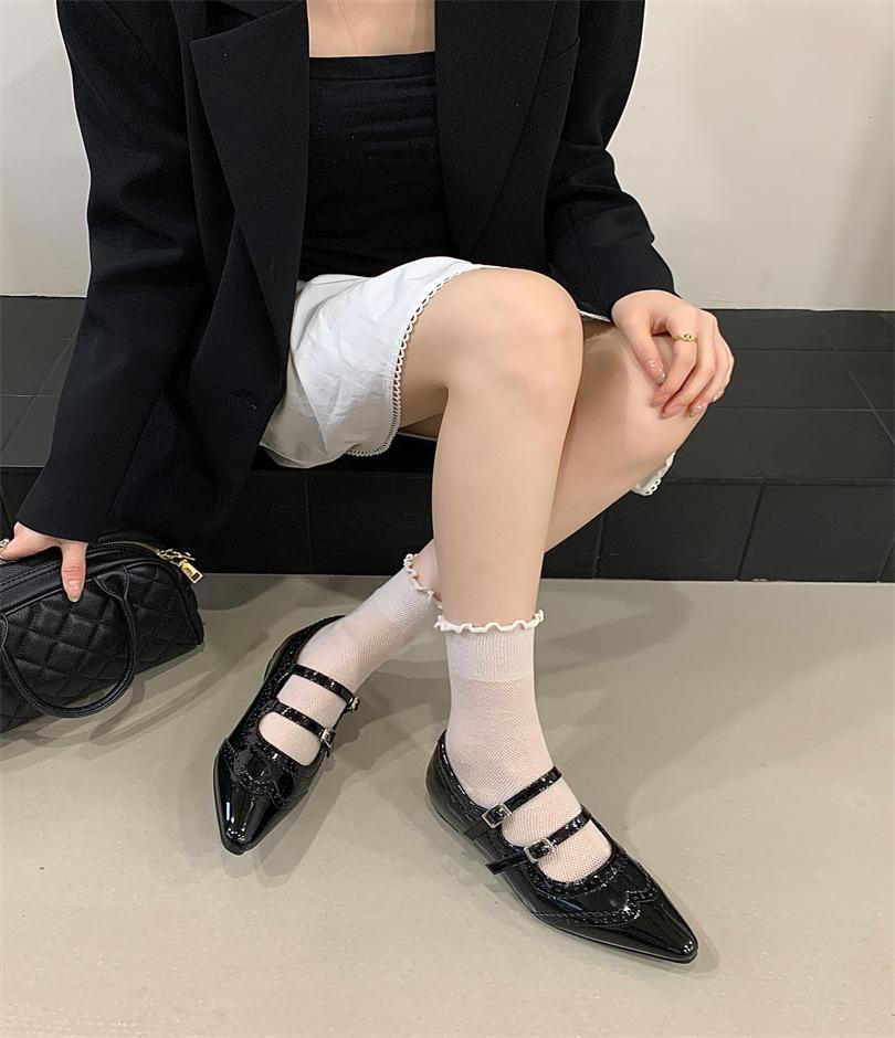 Downton Abbey~ 2025 new square head engraved one-word buckle with round thick heel Mary Jane shoes women's single shoes