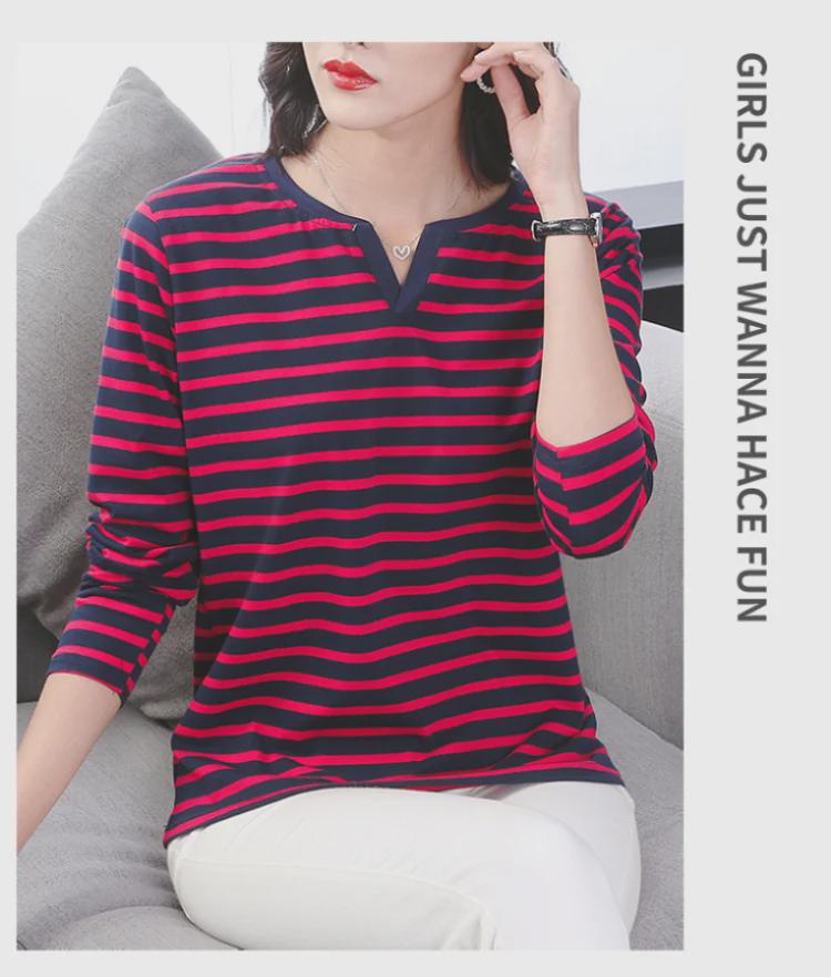 Women's V-Neck Long-Sleeve Pure Cotton T-Shirt for Middle-Aged, Loose-Fit Autumn/Spring Top