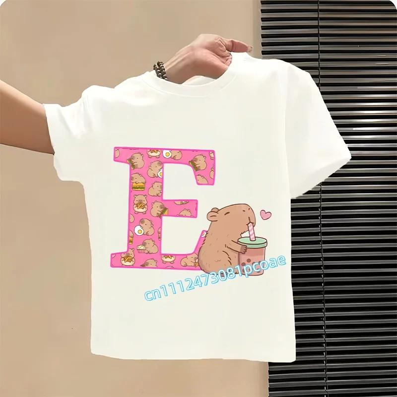 Capibara Cute T-shirt Kids Anime Capybara Letter A-Z Tees Girls Summer Short Sleeve Polyester Tops Children Clothes Gift Hot Sales