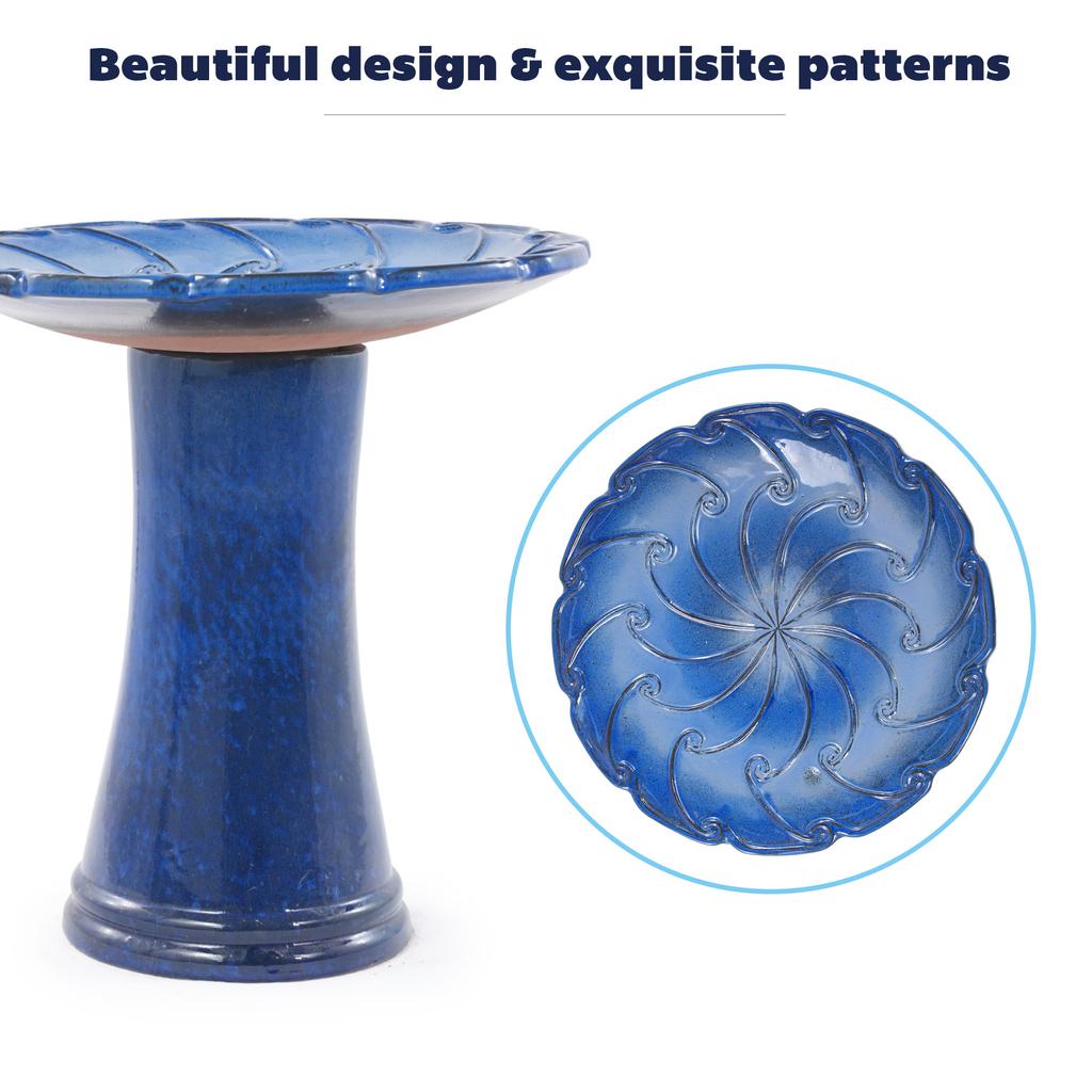 Handmade Ceramic Bird Bath (diameter 43 Cm, Height 45 Cm), Glossy Royal Blue with Swirl Relief, Weatherproof & Frost-Resistant, for Garden