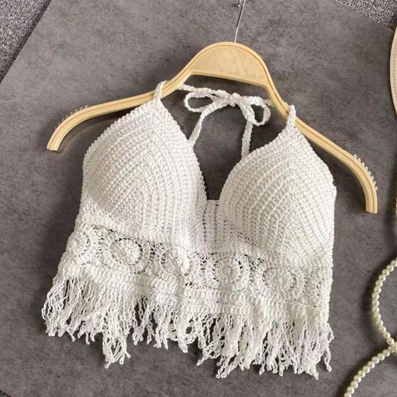 

Ретро выдалбливаемая вязаная кисточка Повседневная майка для женщин Глубокий V-образный вырез с открытой спиной Летний универсальный пляжный укороченный топ One Size