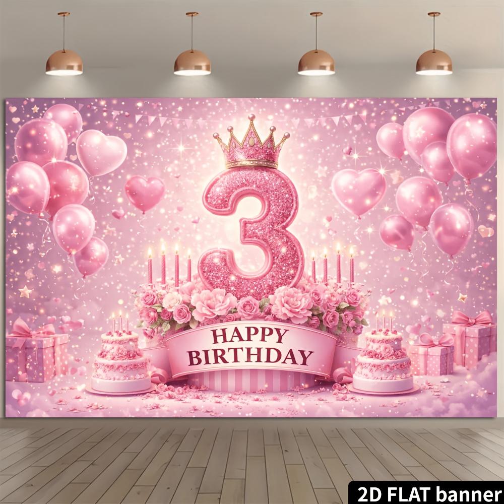 2D-Ebene 3. Geburtstag Party Banner Hintergrund - Rosa glitzernde Zahl 3 Thema kombiniert mit Kronen und rosa Herzballons