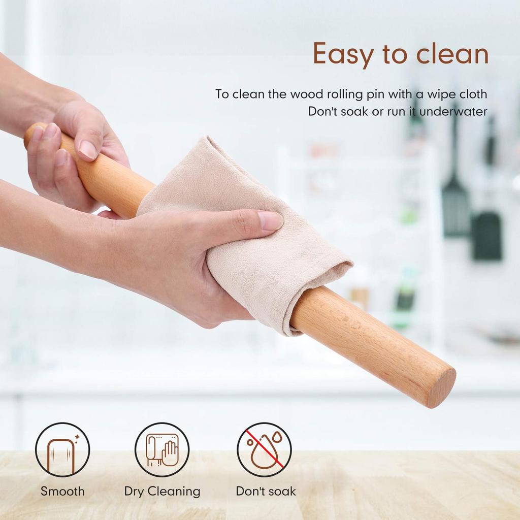 Wood French Rolling Pin for Baking, QUELLANCE Wooden Dough Roller with Silicone Baking Mat, Beech Wood Rolling Pins for Baking Dough, Pizza, Pie,