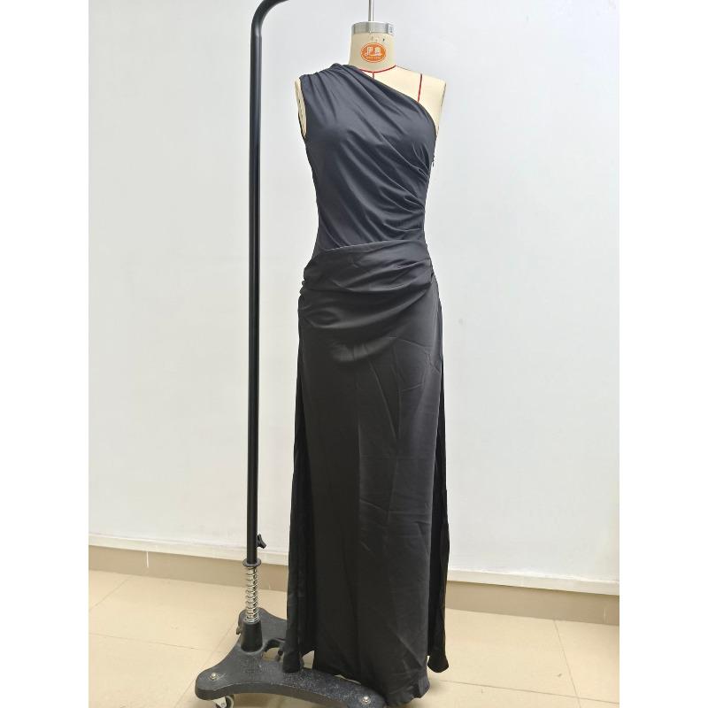 women s One Shoulder Satin Ruched Slim Fit Maxi Dress High Waist Bodycon Evening Party Gown S чёрный